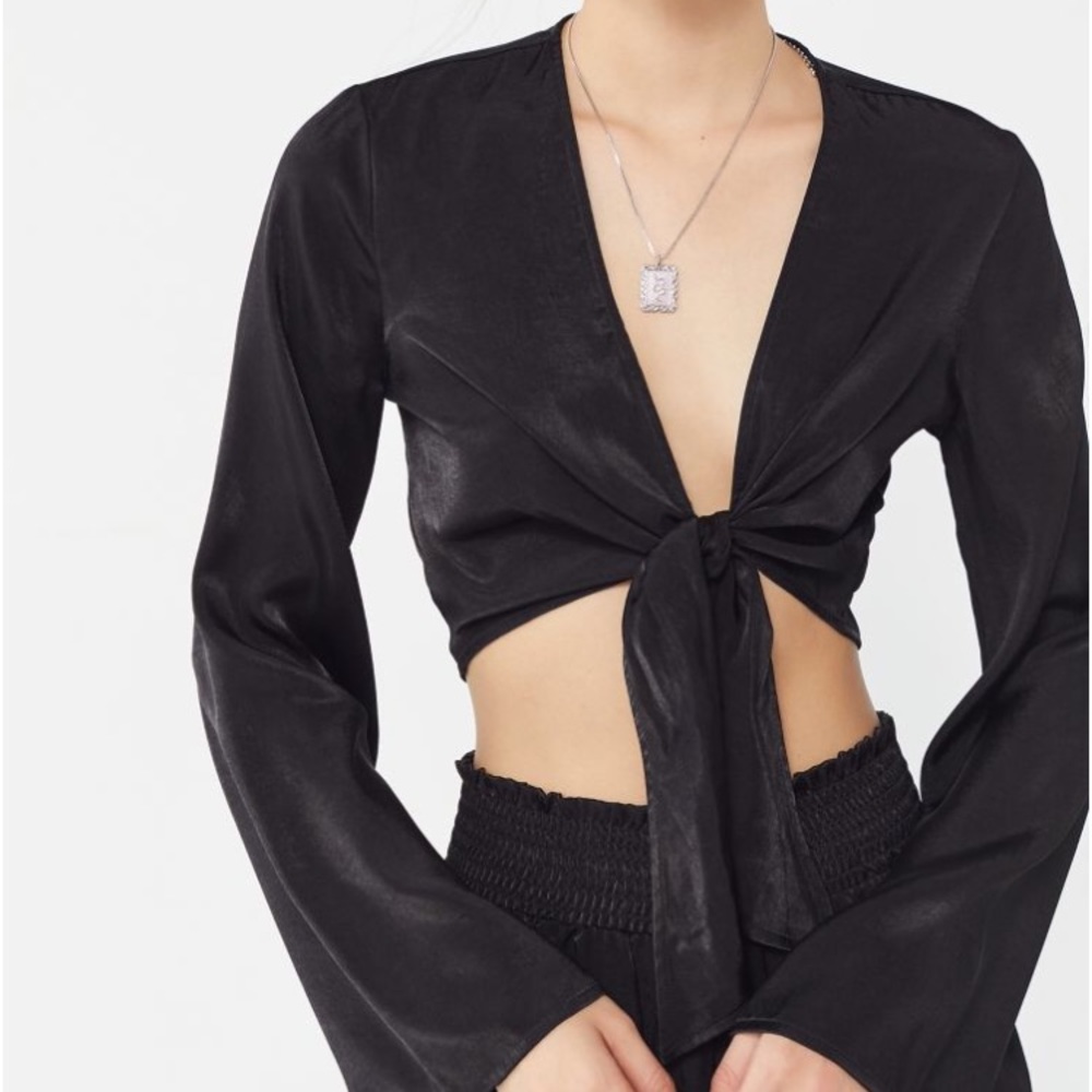 Urban Outfitters Black Satin Bell-Sleeve Top